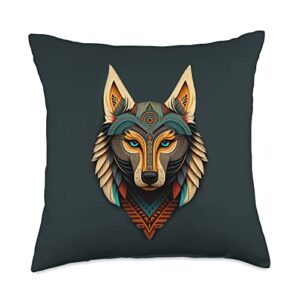 animal print designs tribal ornamental wolf southwestern throw pillow, 18x18, multicolor