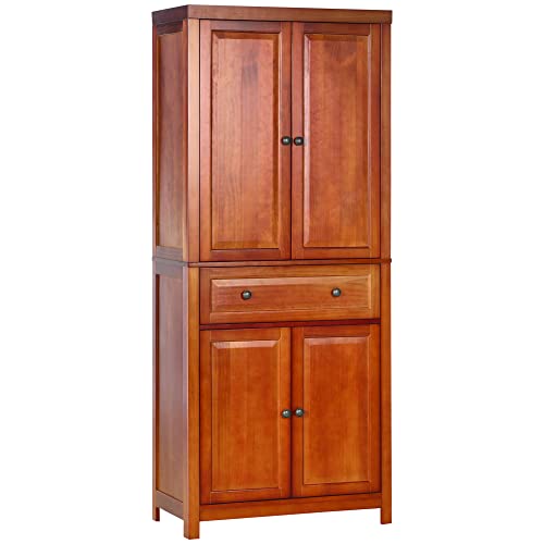 HOMCOM 72.5" Pinewood Large Kitchen Pantry Storage Cabinet, Freestanding Cabinets with Doors and Shelf Adjustability, Soft-Close Mechanism, Living Room & Dining Room Furniture, Mahogany