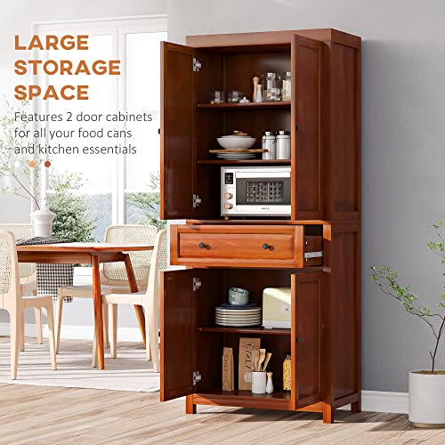 HOMCOM 72.5" Pinewood Large Kitchen Pantry Storage Cabinet, Freestanding Cabinets with Doors and Shelf Adjustability, Soft-Close Mechanism, Living Room & Dining Room Furniture, Mahogany