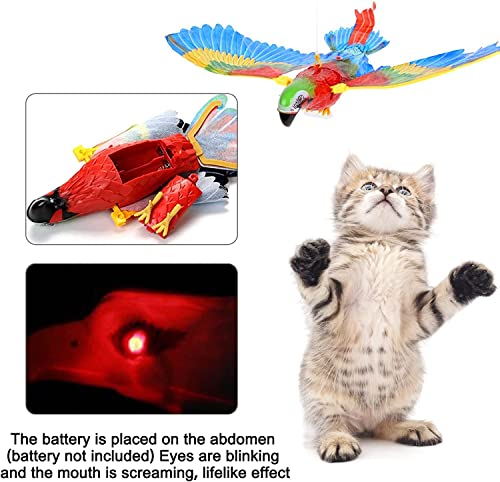 Simulation-Bird-Interactive-Cat-Toy, Flying Bird Cat Toy,Electric Toy Bird For Cats,Flashing Music Funny Cat Toy Cats Kitten Play Hunting Exercising Eliminating Boredom (Parrot1PCS) Pole not included