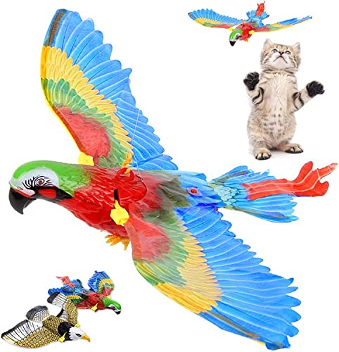 Simulation-Bird-Interactive-Cat-Toy, Flying Bird Cat Toy,Electric Toy Bird For Cats,Flashing Music Funny Cat Toy Cats Kitten Play Hunting Exercising Eliminating Boredom (Parrot1PCS) Pole not included