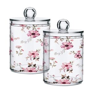 kigai 2pcs pink flowers qtip holder dispenser with lids - 14 oz bathroom storage organizer set, clear apothecary jars food storage containers, for tea, coffee, cotton ball, floss