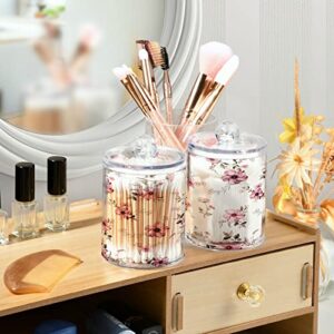 Kigai 2PCS Pink Flowers Qtip Holder Dispenser with Lids - 14 oz Bathroom Storage Organizer Set, Clear Apothecary Jars Food Storage Containers, for Tea, Coffee, Cotton Ball, Floss