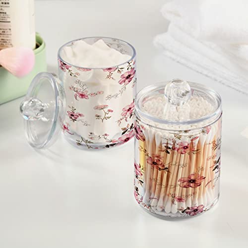 Kigai 2PCS Pink Flowers Qtip Holder Dispenser with Lids - 14 oz Bathroom Storage Organizer Set, Clear Apothecary Jars Food Storage Containers, for Tea, Coffee, Cotton Ball, Floss