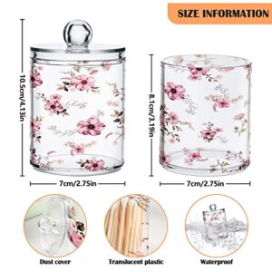 Kigai 2PCS Pink Flowers Qtip Holder Dispenser with Lids - 14 oz Bathroom Storage Organizer Set, Clear Apothecary Jars Food Storage Containers, for Tea, Coffee, Cotton Ball, Floss