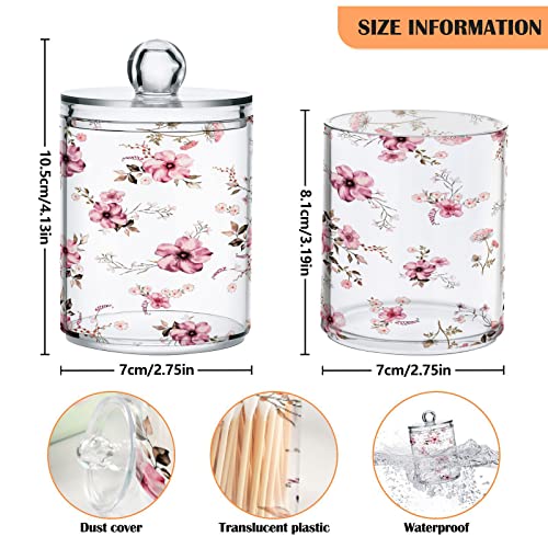 Kigai 2PCS Pink Flowers Qtip Holder Dispenser with Lids - 14 oz Bathroom Storage Organizer Set, Clear Apothecary Jars Food Storage Containers, for Tea, Coffee, Cotton Ball, Floss