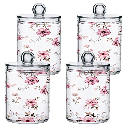 Kigai 2PCS Pink Flowers Qtip Holder Dispenser with Lids - 14 oz Bathroom Storage Organizer Set, Clear Apothecary Jars Food Storage Containers, for Tea, Coffee, Cotton Ball, Floss
