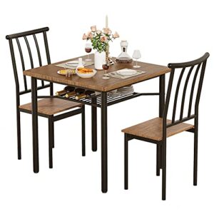 CuisinSmart 3-Piece Dining Table Set with Kitchen Table and 2 Chairs, Modern Wood Dining Table and Chairs Set for Small Space, Apartment, Kitchen, Living Room, Rustic Brown