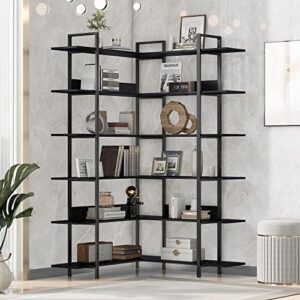 merax 6-tier corner bookshelf l shaped bookcase, open large vintage industrial storage and display shelves with metal frame for home office, black