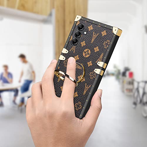 WOLLONY for Samsung Galaxy A14 5G Luxury Leather Case with Ring Stand Metal Edge Drop Protection Classic Square Case Soft TPU Slim Retro Cover for Women Girls Designed for Galaxy A14 5G Brown