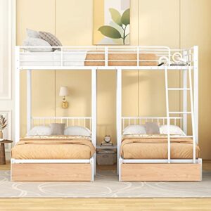 harper & bright designs metal triple bunk beds with storage, full over twin & twin bunk beds with drawers,3 bed bunk bunk for kids, girls, boys,teens, adults,can be separated into 3 beds, white