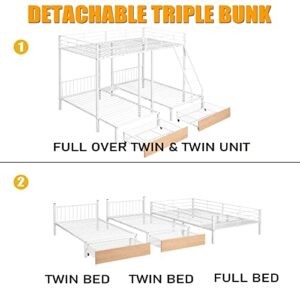 Harper & Bright Designs Metal Triple Bunk Beds with Storage, Full Over Twin & Twin Bunk Beds with Drawers,3 Bed Bunk Bunk for Kids, Girls, Boys,Teens, Adults,Can be Separated into 3 Beds, White