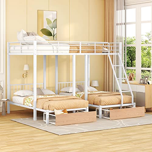 Harper & Bright Designs Metal Triple Bunk Beds with Storage, Full Over Twin & Twin Bunk Beds with Drawers,3 Bed Bunk Bunk for Kids, Girls, Boys,Teens, Adults,Can be Separated into 3 Beds, White