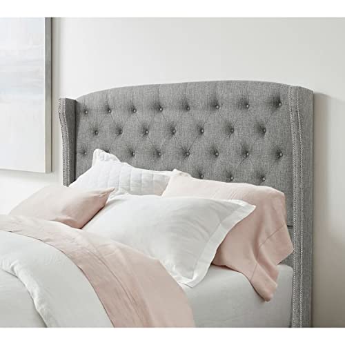 Rosevera Louis Linen Upholstered Wingback Headboard with Double Nailhead Trimming and Button Tufting for Bedroom, Queen, Gray