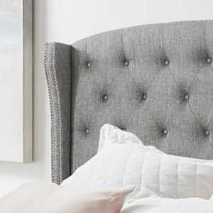 Rosevera Louis Linen Upholstered Wingback Headboard with Double Nailhead Trimming and Button Tufting for Bedroom, Queen, Gray