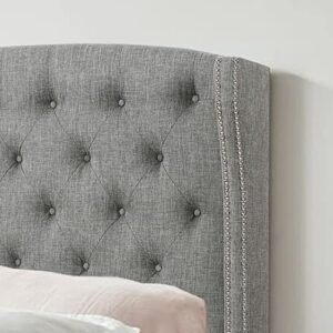 Rosevera Louis Linen Upholstered Wingback Headboard with Double Nailhead Trimming and Button Tufting for Bedroom, Queen, Gray