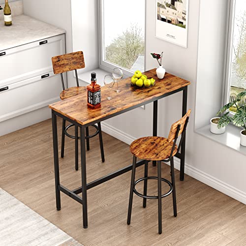 YOFE Bar Table Set for 2, Dining Table with 2 Stools with Backrest,Pub Dining Height Table Set for Dining Room,Kitchen, Dinette, Breakfast Nook (2 Stools with Backrest Brown)