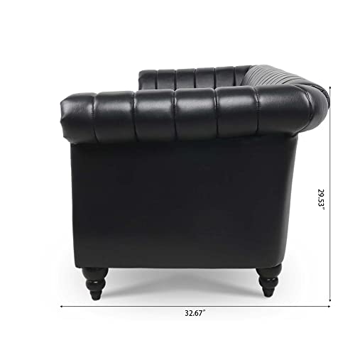 EMKK 84'' PU Leather Chesterfield Sofa Couch, 3-Seater Sofá for Living, Mid-Century Modern with Solid Wooden Frame & Padded Cushions, Apartment, Lounge Room, Black New-1