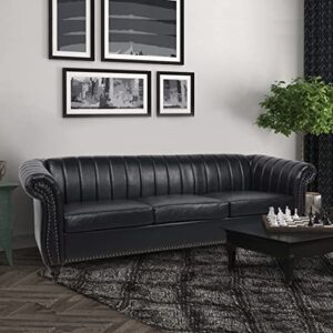 emkk 84'' pu leather chesterfield sofa couch, 3-seater sofá for living, mid-century modern with solid wooden frame & padded cushions, apartment, lounge room, black new-1
