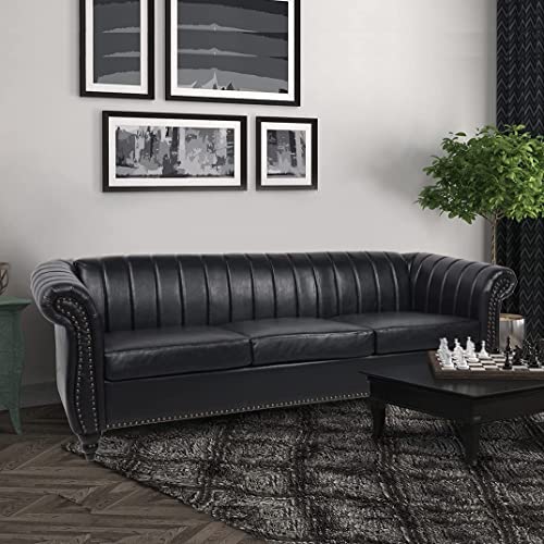 EMKK 84'' PU Leather Chesterfield Sofa Couch, 3-Seater Sofá for Living, Mid-Century Modern with Solid Wooden Frame & Padded Cushions, Apartment, Lounge Room, Black New-1