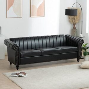 EMKK 84'' PU Leather Chesterfield Sofa Couch, 3-Seater Sofá for Living, Mid-Century Modern with Solid Wooden Frame & Padded Cushions, Apartment, Lounge Room, Black New-1