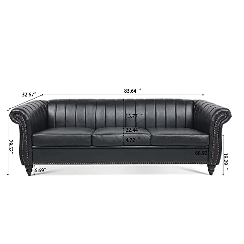 EMKK 84'' PU Leather Chesterfield Sofa Couch, 3-Seater Sofá for Living, Mid-Century Modern with Solid Wooden Frame & Padded Cushions, Apartment, Lounge Room, Black New-1