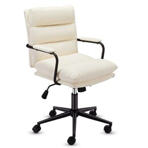 amerrobil white home office desk chair with wheels/armrests, modern pu leather vanity chair midback adjustable home computer chair for living room, bedroom, office, vanity and study