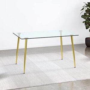 POULEII Glass Dining Table,Modern Minimalist Rectangular Table with Tempered Glass Tabletop and Golden Chrome Metal Legs for 6-8, Space Saving Dining Table for Kitchen Dining Room