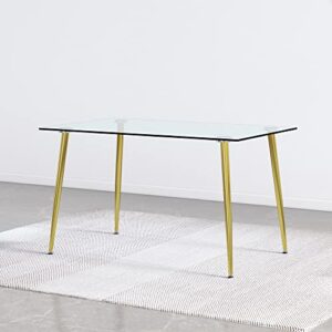 POULEII Glass Dining Table,Modern Minimalist Rectangular Table with Tempered Glass Tabletop and Golden Chrome Metal Legs for 6-8, Space Saving Dining Table for Kitchen Dining Room