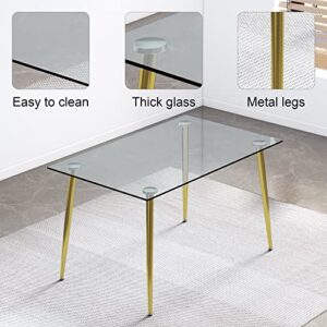 POULEII Glass Dining Table,Modern Minimalist Rectangular Table with Tempered Glass Tabletop and Golden Chrome Metal Legs for 6-8, Space Saving Dining Table for Kitchen Dining Room