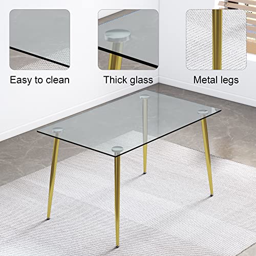 POULEII Glass Dining Table,Modern Minimalist Rectangular Table with Tempered Glass Tabletop and Golden Chrome Metal Legs for 6-8, Space Saving Dining Table for Kitchen Dining Room