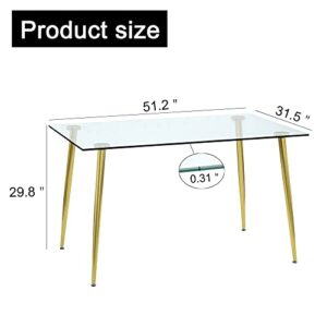 POULEII Glass Dining Table,Modern Minimalist Rectangular Table with Tempered Glass Tabletop and Golden Chrome Metal Legs for 6-8, Space Saving Dining Table for Kitchen Dining Room