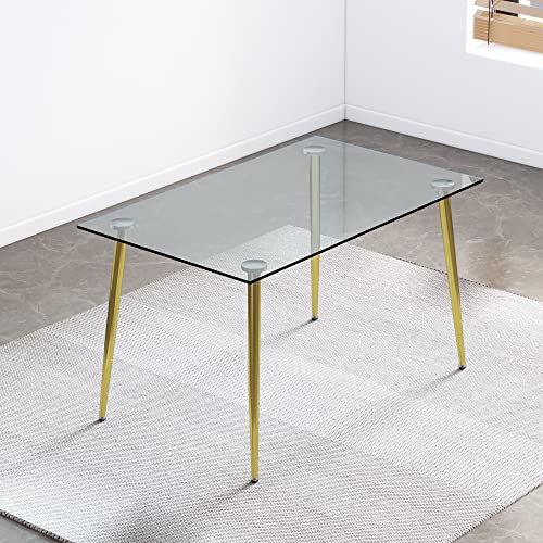 POULEII Glass Dining Table,Modern Minimalist Rectangular Table with Tempered Glass Tabletop and Golden Chrome Metal Legs for 6-8, Space Saving Dining Table for Kitchen Dining Room