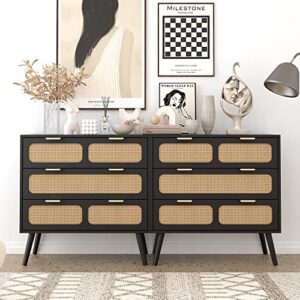 qeiuzon 3 drawer dresser, modern rattan dresser chest with wide drawers and metal handles, farmhouse wood storage chest of drawers for bedroom, living room, hallway, entryway (black-2 packs)