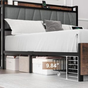 HOMBCK Queen Size Bed Frame with Charging Station, Queen Bed Frame with Storage Headboard, 2 Storage Drawers, Mattress Foundation with Strong Slats Support, No Box Spring Needed