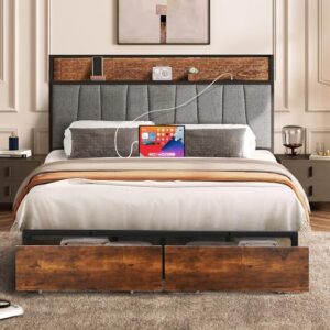hombck queen size bed frame with charging station, queen bed frame with storage headboard, 2 storage drawers, mattress foundation with strong slats support, no box spring needed