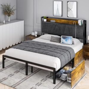 HOMBCK Queen Size Bed Frame with Charging Station, Queen Bed Frame with Storage Headboard, 2 Storage Drawers, Mattress Foundation with Strong Slats Support, No Box Spring Needed