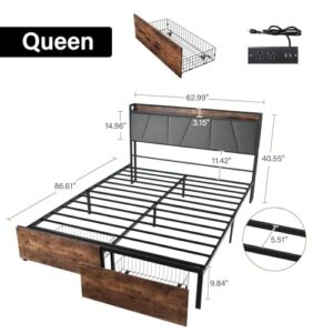 HOMBCK Queen Size Bed Frame with Charging Station, Queen Bed Frame with Storage Headboard, 2 Storage Drawers, Mattress Foundation with Strong Slats Support, No Box Spring Needed