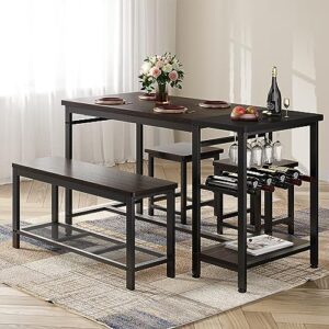 enhomee dining table set for 4, kitchen table and chairs set 4 piece dining room table set with wine rack and storage shelf, space-saving dinette set for small space,breakfast nook, espresso brown