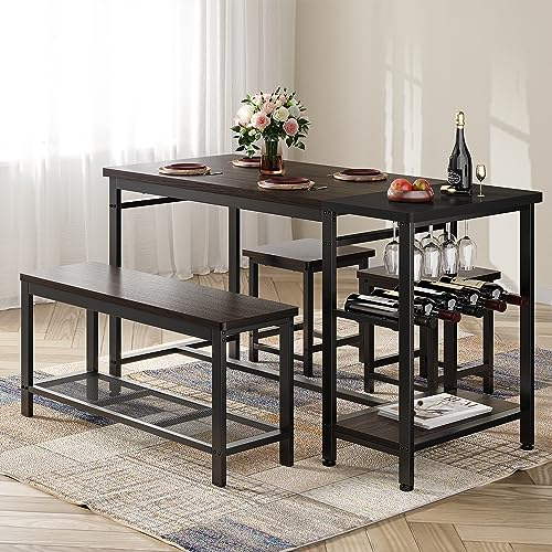 EnHomee Dining Table Set for 4, Kitchen Table and Chairs Set 4 Piece Dining Room Table Set with Wine Rack and Storage Shelf, Space-Saving Dinette Set for Small Space,Breakfast Nook, Espresso Brown