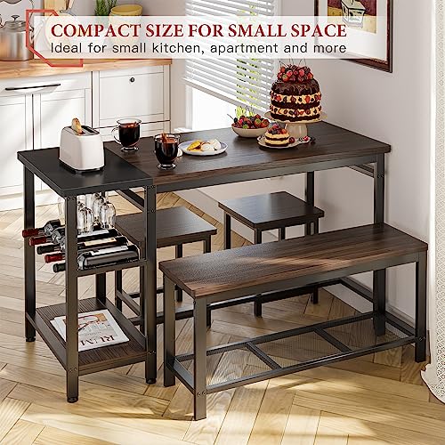 EnHomee Dining Table Set for 4, Kitchen Table and Chairs Set 4 Piece Dining Room Table Set with Wine Rack and Storage Shelf, Space-Saving Dinette Set for Small Space,Breakfast Nook, Espresso Brown