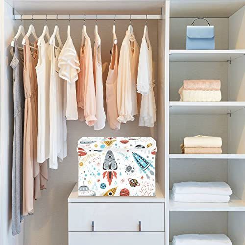Kigai Cartoon Rocket Planet Star Storage Bin, Storage Baskets with Lids Large Organizer Collapsible Storage Bins Cube for Bedroom, Shelves, Closet, Home, Office 16.5 X 12.6 X 11.8 Inch