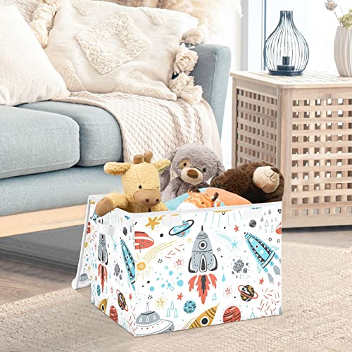 Kigai Cartoon Rocket Planet Star Storage Bin, Storage Baskets with Lids Large Organizer Collapsible Storage Bins Cube for Bedroom, Shelves, Closet, Home, Office 16.5 X 12.6 X 11.8 Inch