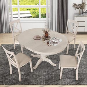 szubee 4 5-piece extendable round set solid dining table and x back wood chairs for kitchen dinette, antique white