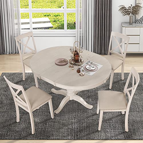 SZUBEE 4 5-Piece Extendable Round Set Solid Dining Table and X Back Wood Chairs for Kitchen Dinette, Antique White