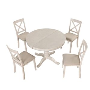 SZUBEE 4 5-Piece Extendable Round Set Solid Dining Table and X Back Wood Chairs for Kitchen Dinette, Antique White