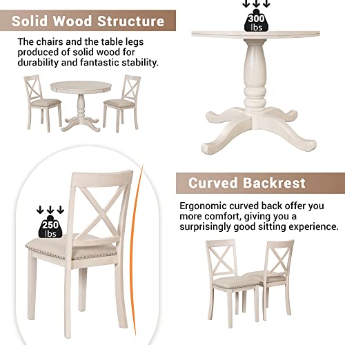 SZUBEE 4 5-Piece Extendable Round Set Solid Dining Table and X Back Wood Chairs for Kitchen Dinette, Antique White