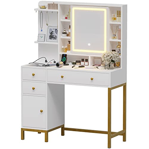 Makeup Vanity with Lights, Vanity Desk with Openable Mirror & 3-Color Dimmable, White Vanity Table with Charging Station, Makeup Desk with Visual Drawer, Hooks, Hidden and Open Storage Shelves