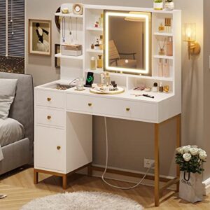 makeup vanity with lights, vanity desk with openable mirror & 3-color dimmable, white vanity table with charging station, makeup desk with visual drawer, hooks, hidden and open storage shelves