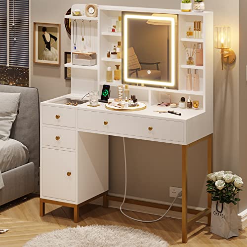 Makeup Vanity with Lights, Vanity Desk with Openable Mirror & 3-Color Dimmable, White Vanity Table with Charging Station, Makeup Desk with Visual Drawer, Hooks, Hidden and Open Storage Shelves